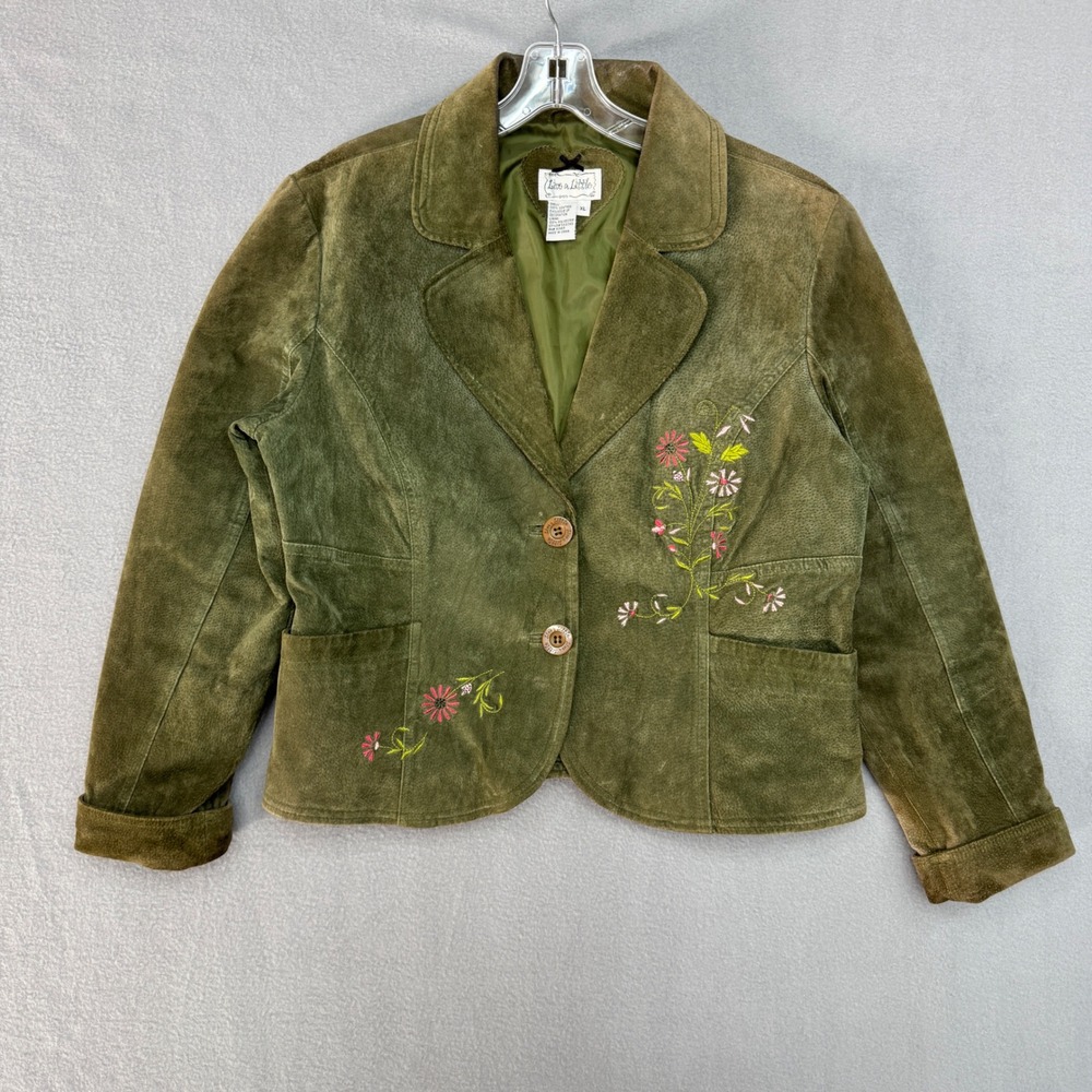 Live a Little Suede Blazer XL Green Floral Embroidered Boho Western Women